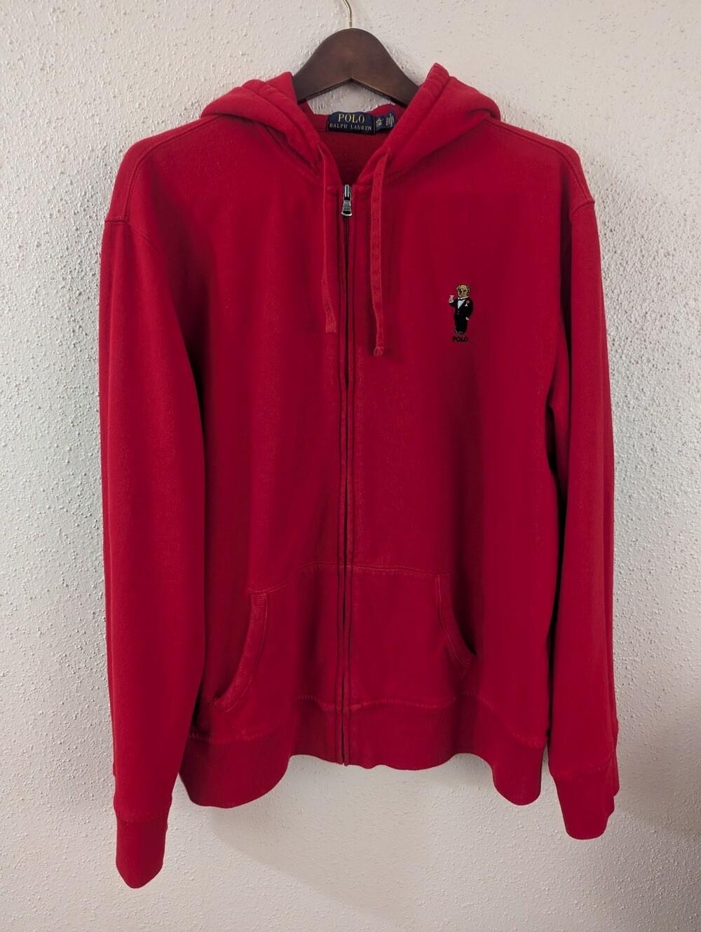 Men's Polo by Ralph Lauren Red Zip-Up Hoodie with Polo Bear Size XL